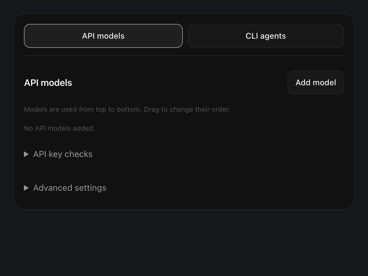Margin 0.8.0 API model settings, shown without a connected account